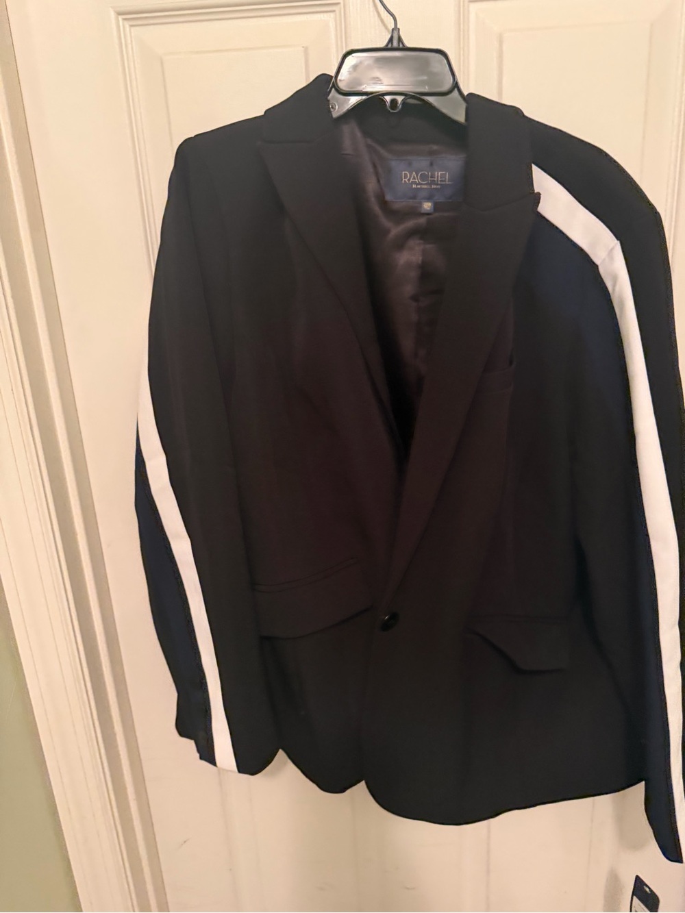 Rachel Black Blazer with White Sleeve Stripes and pants